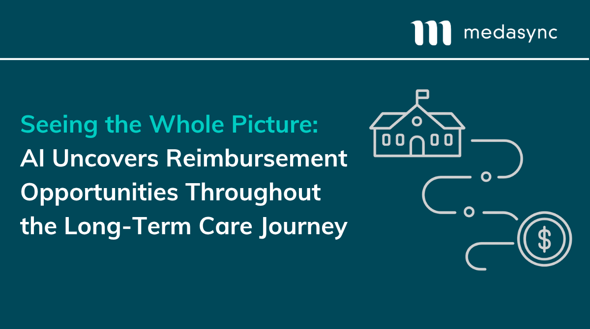 Minimal white outline of a one-story nursing home with a winding path leading to a dollar sign, symbolizing how AI identifies reimbursement opportunities throughout the long-term care journey.