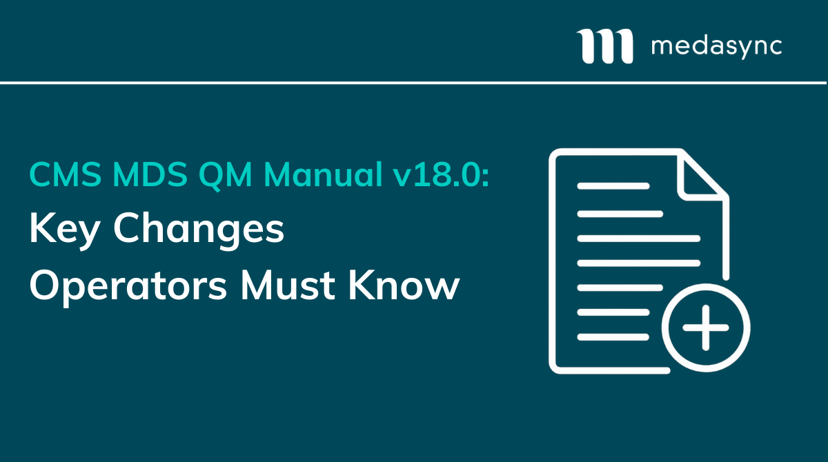 White outline icon of a document with a plus symbol on a dark gradient background, representing updated CMS MDS QM v18.0 guidance.