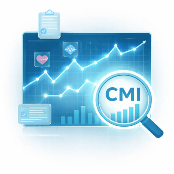 Abstract healthcare dashboard visual showing Medicaid Case Mix Index (CMI) trends with a magnifying glass highlighting real-time acuity changes.