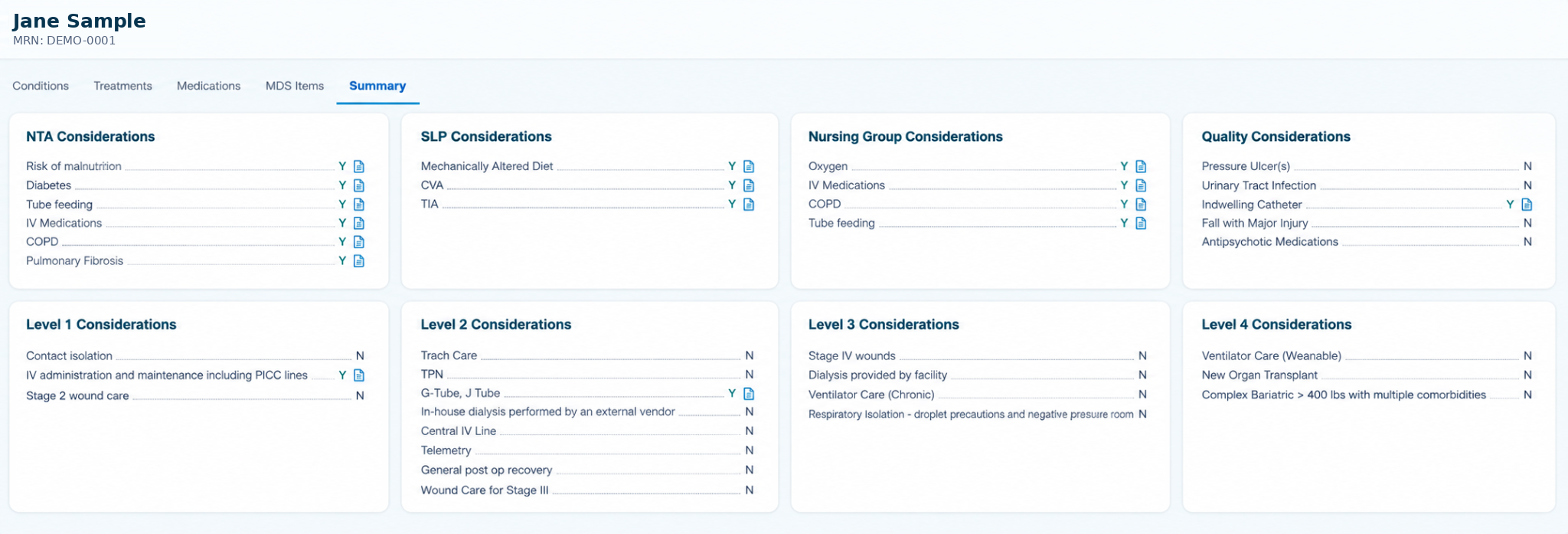 MedaSync Summary dashboard displaying nursing, NTA, SLP, quality and level-of-care considerations
