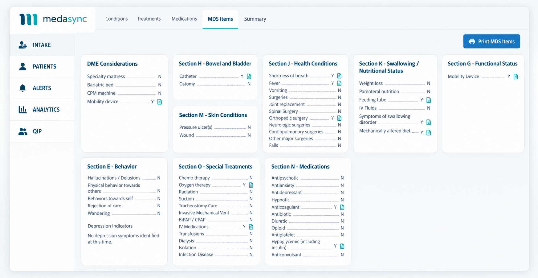 MedaSync MDS Items dashboard showing findings organized by MDS section and links to source documentation